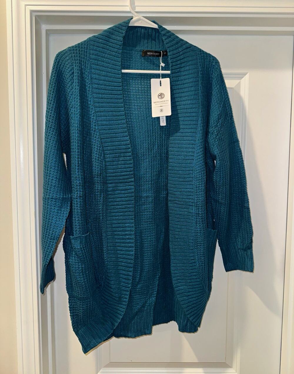 MEROKEETY Knit Open Front Cardigan Sweater Pockets Blue Womens Size S